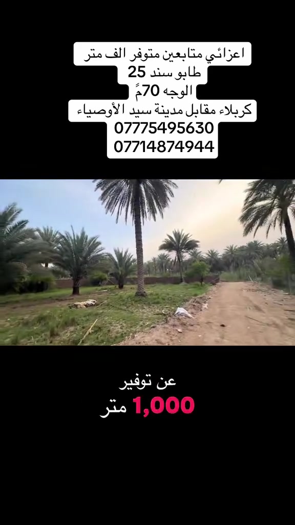 اعزائي المتابعين 
متوفر الف متر 1000
طابوًسند 25
الوجه :40متر 
العنوان:كربلاء شارع بغداد مقابل مدينة سيد الاوصياء 

🫆يبعد عن الشارع العام 900مترً او اقل مع توفير كافة الخدمات 
للاستفسار 
***********
***********
