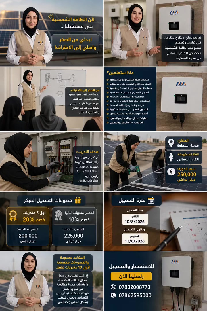 ☀️ مستقبلكِ المهني يبدأ من هنا!

إذا كنتِ ترغبين بدخول مجال الطاقة الشمسية واكتساب مهارة عملية مطلوبة في سوق العمل، هذه فرصتكِ! ⚡

🎓 تدريب نظري وعملي متكامل
🔧 تركيب وتصميم منظومات الطاقة الشمسية
👩‍🔧 مخصص للكوادر النسائية
📍 السماوة – المثنى

🎁 أول 5 متدربات: خصم 20%
🎁 الخمس متدربات التالية: خصم 10%

⚠️ المقاعد محدودة!

📞 ***********
📞 ***********

راسلينا الآن واحجزي مقعدكِ ☀️⚡

#الطاقة_الشمسية #طاقة_شمسية #تدريب_طاقة_شمسية
#السماوة #المثنى #العراق #مهندسات #تمكين_المرأة
#SolarEnergy #SolarTraining #Iraq
