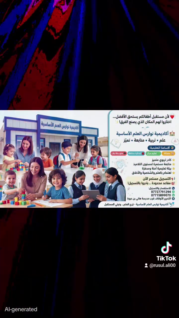 🎓✨ ابدؤوا رحلة التميز مع مدارس نوارس العلم الأساسية ✨🎓
📢 التسجيل مستمر الآن في: 🏡 الحضانة
🎨 التعليم المبكر (التمهيدي)
🏫 الابتدائية المختلطة
👩‍🎓 متوسطة البنات
📍 العنوان: التحرير – الأوقاف – قرب مدرسة هاني بن عروة.
🌟 لماذا تختارون مدارس نوارس العلم الأساسية؟
🏛️ مدرسة مجازة رسميًا من وزارة التربية.
👩‍🏫 كادر تربوي وتعليمي متميز تم اختياره وفق معايير علمية عالية.
📚 متابعة أكاديمية وسلوكية مستمرة، مع تواصل دائم مع أولياء الأمور.
🇬🇧 اهتمام خاص باللغة الإنجليزية من خلال برامج تعليمية مستمرة إلى جانب المنهج الدراسي.
🖥️ مختبرات حديثة مجهزة بشاشات ذكية لتقديم التعليم بأساليب عصرية وتفاعلية.
🎥 كاميرات مراقبة بإشراف مباشر من الإدارة لضمان بيئة آمنة لأبنائنا.
🍽️ وجبات غذائية صحية ومتنوعة.
🚌 خطوط نقل متوفرة إلى: التحرير – بهرز – شفته.
🎉 نشاطات تربوية وترفيهية مميزة، وسفرات علمية وترفيهية داخل وخارج المحافظة، 
إضافة إلى حفلات التخرج والمناسبات المدرسية.
🌱 نهتم ببناء شخصية الطالب، 
وتعزيز القيم والأخلاق،
 وتنمية الثقة بالنفس وروح التعاون والإبداع.
🎓 نوفر صف التمهيدي لإعداد الأطفال وتهيئتهم للمرحلة الابتدائية.
🧩 نوفر صف الدمج للتربية الخاصة، ونستقبل الأطفال من ذوي اضطراب طيف التوحد البسيط وفق الإمكانات التربوية المتاحة، في بيئة داعمة ومحفزة على التعلم والاندماج.
💙 في مدارس نوارس العلم الأساسية، نرعى أبناءكم منذ سنواتهم الأولى وحتى المرحلة المتوسطة، لنبني شخصية، ونصنع مستقبلًا، ونزرع التميز في كل طالب.
📞 سارعوا بحجز مقاعد أبنائكم، فالمقاعد محدودة.
📱 للاستفسار والتسجيل: ***********

