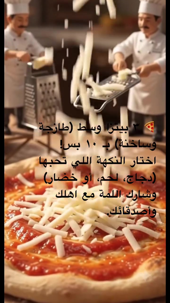 🍕 ٣ بيتزا وسط (طازجة وساخنة) بـ ١٠ بس!اختار النكهة اللي تحبها (دجاج، لحم، أو خضار) وشارك اللمة مع اهلِك وأصدقائك.
