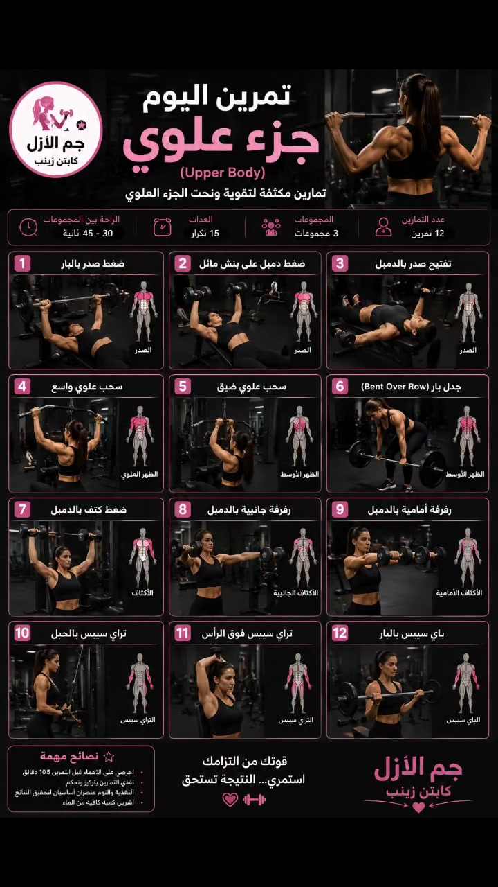 تمارين الجزء العلوي مو بس لشكل الجسم، إلها فوائد مهمة جدًا:
✨ تقوي عضلات الظهر والكتفين والذراعين والصدر
✨ تساعد على تحسين الوقفة واستقامة الظهر
✨ تزيد القوة وتخلي الحركة اليومية أسهل
✨ تساعد على شد وتناسق الجزء العلوي
✨ تساهم في رفع اللياقة وحرق سعرات أكثر
✨ تقوي عضلات الجسم بشكل متوازن وتمنع إهمال جزء من الجسم
💗 لا تهملين العلوي… الجسم المتناسق يحتاج تمرين متكامل.
🔥 تمرني، التزمي، وشوفي الفرق بنفسج!
العنوان كميره مقابل جملةايوب للاستفسار الاتصال على الرقم ***********
