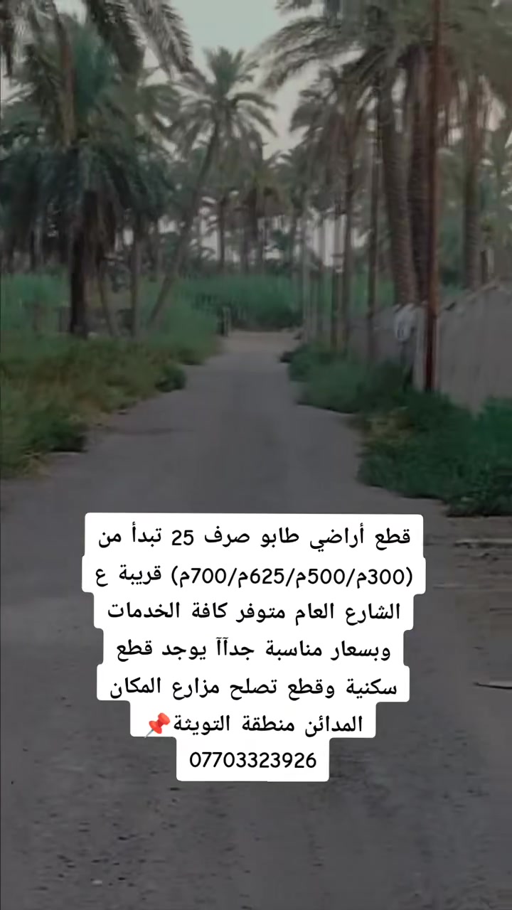 السلام عليكم
قطع أراضي للبيع طابو صرف 25 قريبه ع الشارع مخدومة بكافة الخدمات يوجد (300م/500م/700م/1000متر ) مكان هدوء وبسعار مناسبة المكان المدائن جسر ديالى القديم منطقة التويثة للأستفسار عن الأسعار الأتصال ....
***********
