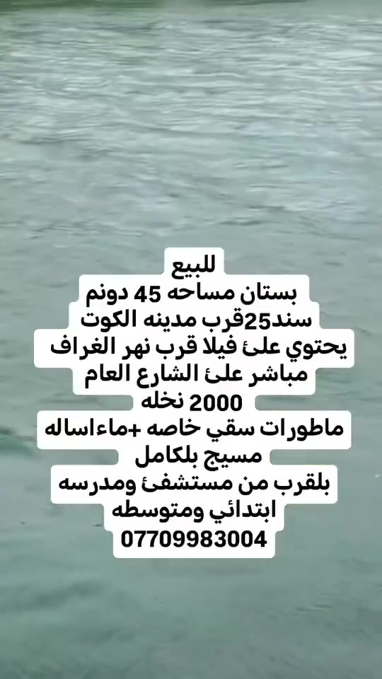 للبيع
 بستان مساحه 45 دونم سند 25
يحتوي علئ فيلا قرب نهر الغراف 
مباشر علئ الشارع العام 
 2000 نخله
ماطورات سقي خاصه 
+ماءاساله 
مسيج بلكامل  
بلقرب من مستشفئ ومدرسه ابتدائي ومتوسطه ***********
