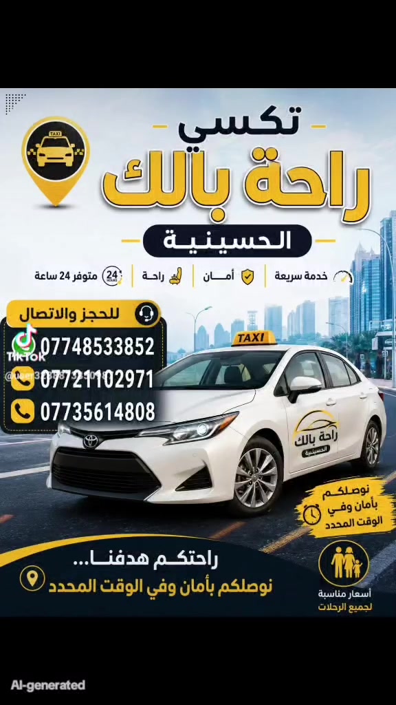 لا توجد تفاصيل

نص مكتوب في الصور:
- تكسي راحة بالك الحسينية للحجز والاتصال *********** *********** ***********