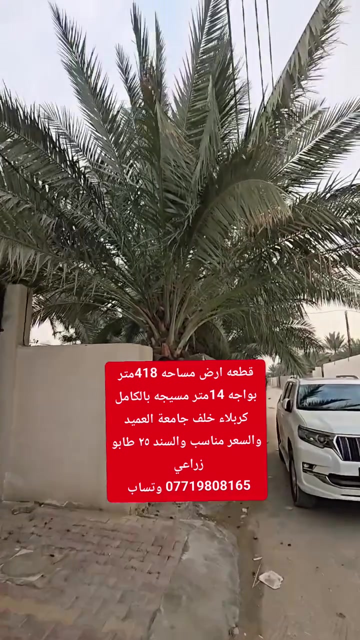 السلام عليكم قطعه ارض للبيع مساحه 418 متر وجه 14 ونص سند 25طابو زراعي إقرار محكمه تحتوي على كافه الخدمات العنوان كربلاء خلف جامعة العميد عبر النهر الهنيديه بالفرع استفسار اكثر الاتصال بالأرقام التالية 
*********** وتساب
***********
