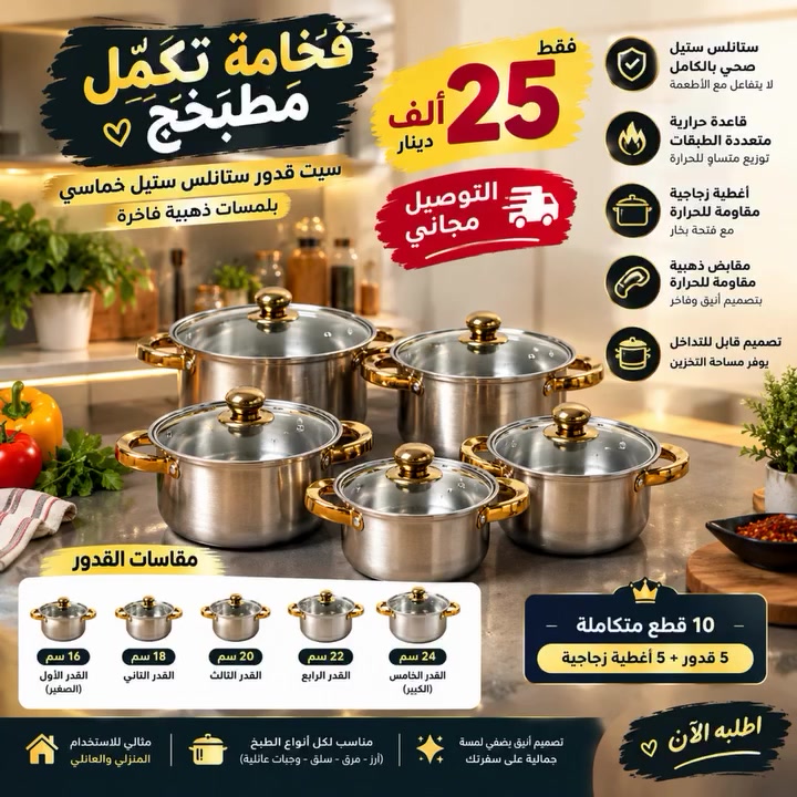 طقم قدور • ستانلس ستيل • ذهبي
