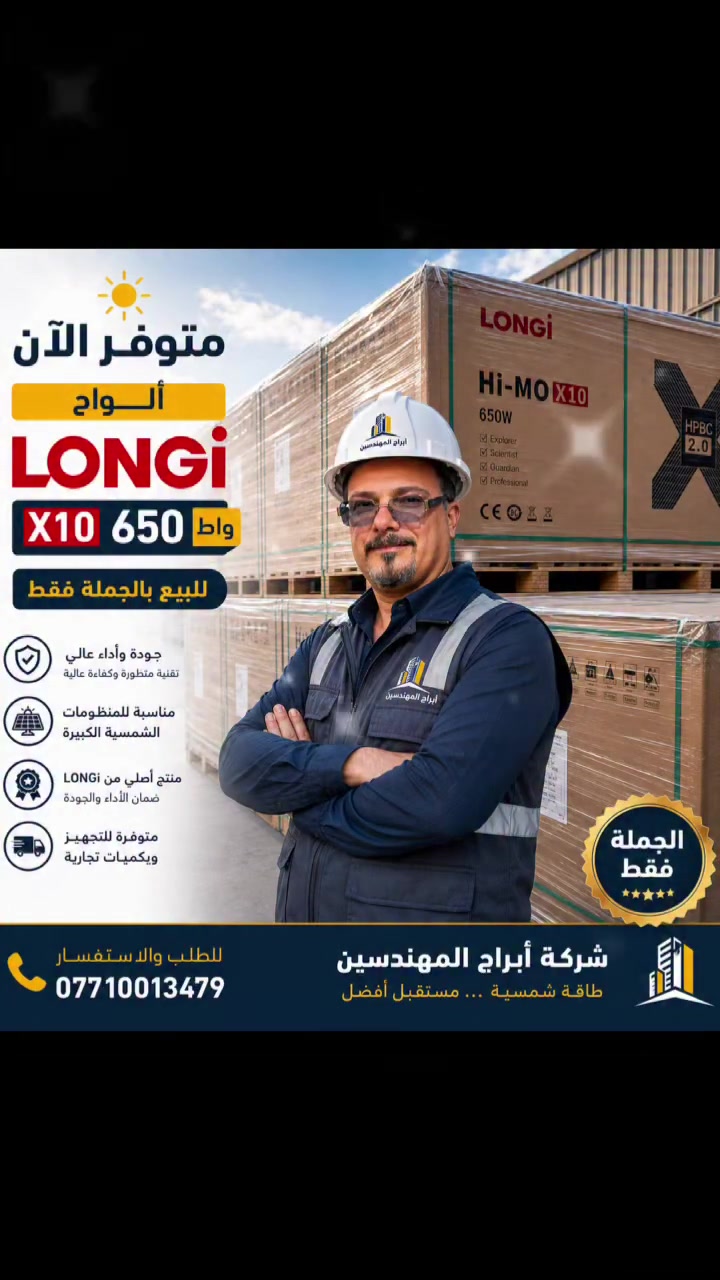 ☀️ ألواح LONGi Hi-MO X10 — قوة وكفاءة من الجيل الجديد! ⚡️

وصلت ألواح لونجي X10 بقدرة 650 واط 🔥
اختيار ممتاز للمشاريع والمنظومات الشمسية الباحثة عن إنتاجية عالية وكفاءة موثوقة.

✅ قدرة عالية 650 واط
✅ تقنية LONGi Hi-MO X10
✅ كفاءة ممتازة وإنتاجية قوية
✅ مناسبة للمشاريع والمنظومات الكبيرة
📦 البيع جملة فقط

📞 للطلب والاستفسار: ***********
🏢 شركة أبراج المهندسين

#LONGi #HiMOX10 #ألواح_شمسية #طاقة_شمسية #650W #أبراج_المهندسين
