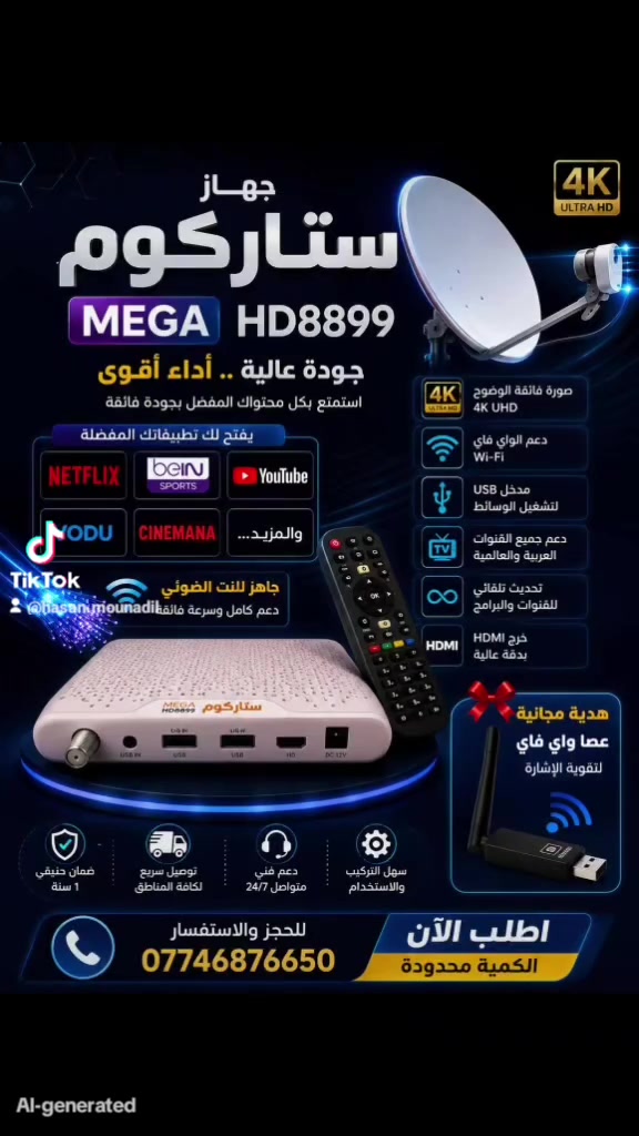 🔥 ستاركوم MEGA HD8899 🔥
استمتع بتجربة ترفيه متكاملة بجودة 4K مع أداء سريع وثابت.
✅ يفتح: 📺 beIN SPORTS
🎬 Netflix
▶️ YouTube
🎥 VODU
🍿 سينمانا
والمزيد...
🎁 هدية مجانية: عصا واي فاي لتقوية الإشارة.
📞 للحجز والاستفسار: ***********
سارع بالطلب والكمية محدودة # عالم الستلايت و تنصيب الصحن
