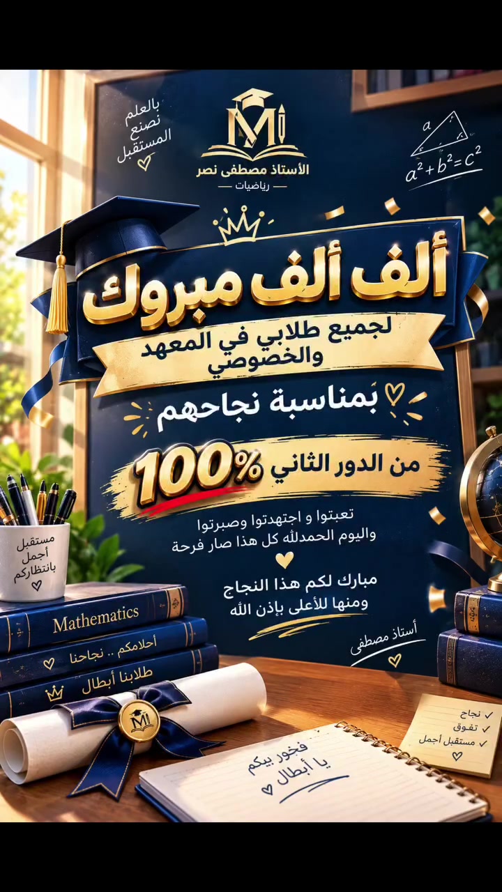 الحمدلله على هالفرحة ❤️🎓
نجاح طلابي بالمعهد والخصوصي بنسبة 100% بالدور الثاني فرحة اعتز بيها وافتخر بكل طالب تعب وياي ووصل لهالنتيجة 🤍
شكراً لثقتكم والقادم اجمل بإذن الله 🌹
الأستاذ مصطفى نصر | رياضيات
📍العنوان الأول| بغداد | البنوك قرب شارع الكنيسة
📍العموان الثاني| بغداد| ثانوية الطموح| شارع فلسطين قرب مول نخيل سابقاً 

#reels #repost #اكسبلور_explore #reel #explorepage
