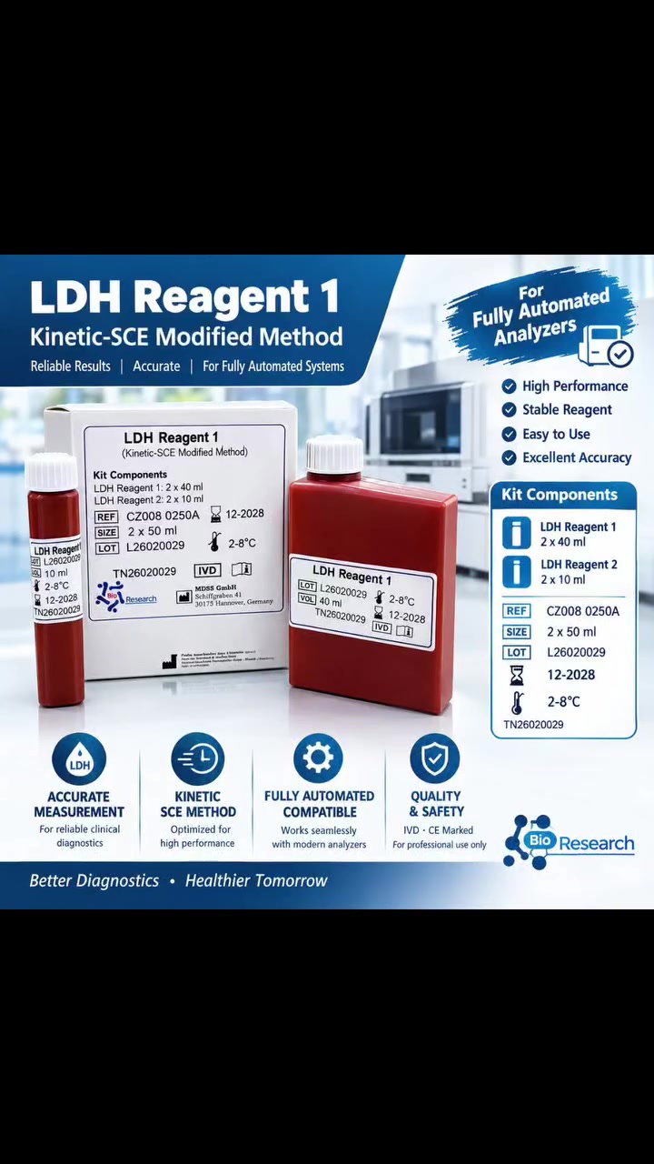 🧪 LDH Reagent – Fully Automated

كاشف LDH مخصص للأجهزة الأوتوماتيكية بالكامل (Full Auto)

🔹 Kinetic-SCE Modified Method
🔹 مصمم للاستخدام مع أنظمة الكيمياء السريرية Fully Automated Analyzers
🔹 أداء ثابت وموثوق للاستخدام المختبري
🔹 سهولة الاستخدام والتشغيل على الأنظمة الأوتوماتيكية
🔹 مناسب للمختبرات التي تبحث عن الكفاءة، الدقة واستقرار الأداء

📦 مكونات الكت:

• LDH Reagent 1: 2 × 40 mL
• LDH Reagent 2: 2 × 10 mL
• REF: CZ008 0250A
• Storage: 2–8°C
• LOT: L26020029
• IVD / CE

Bio Research – حلول تشخيصية للمختبرات الحديثة
📞 للاستفسار والطلبات: تواصل معنا الآن.
***********
 #مختبرات #مستشفيات #تحليلات #مختبرات_طبية #مستشفى #شعب_الصيني_ماله_حل😂😂 #بغداد #تحليلات_مرضية #تحليلات_مرضية🔬 #مختبرات_طبيه #تحليل #Bioresearch
