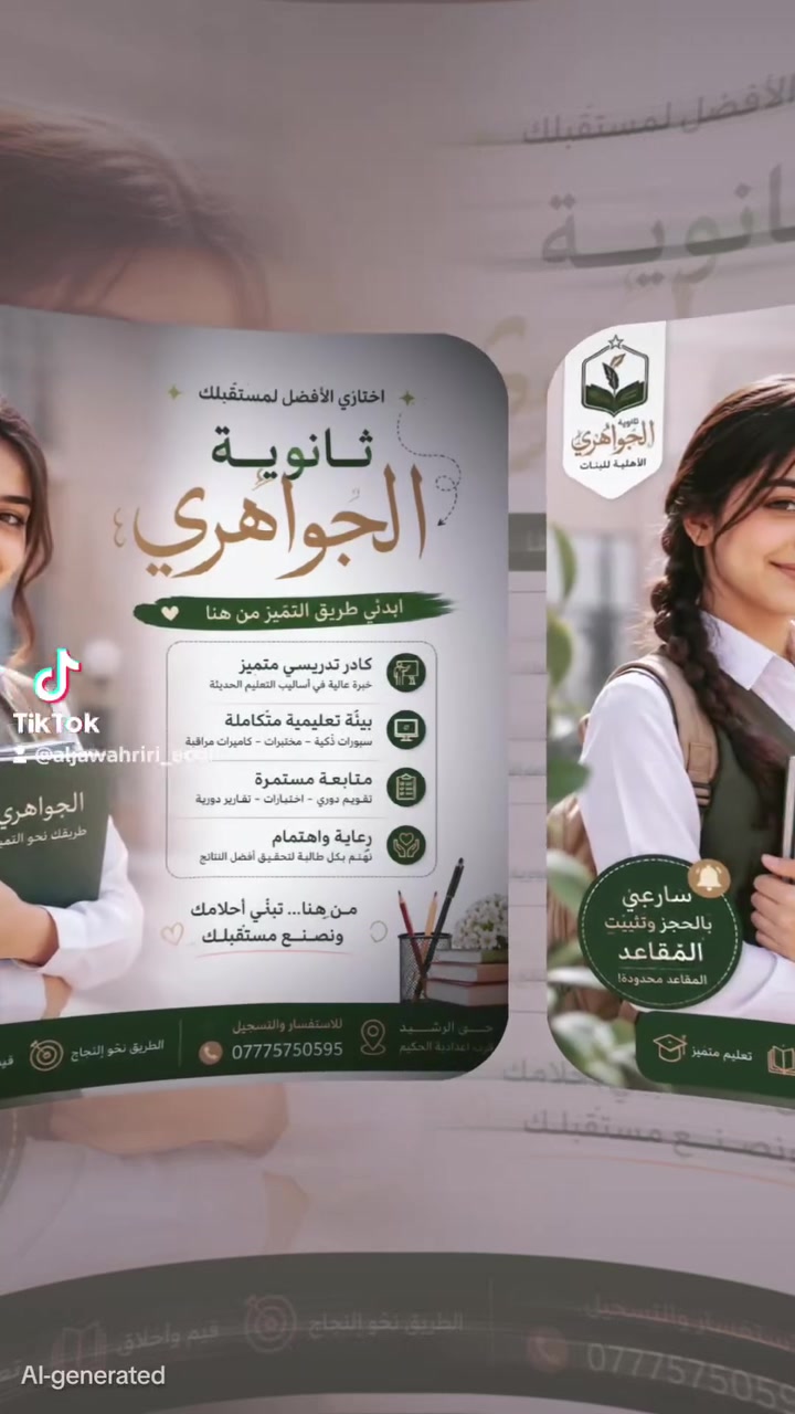 🎓✨ سارِعوا بالحجز وتثبيت المقاعد! ✨🎓

🌟 ثانوية الجواهري الأهلية للبنات 🌟

مقاعد محدودة وفرصة مميزة للانضمام إلى بيئة تعليمية متكاملة تهدف إلى صناعة التفوق والتميّز 📚💫

🔥 لا تنتظري… احجزي مقعدك الآن!
📍 ثانوية الجواهري
📞 للتسجيل والاستفسار: ***********
