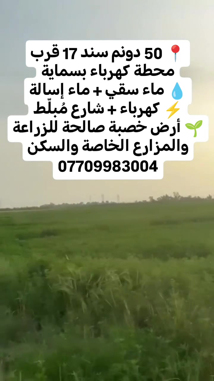 📍 50 دونم سند 17 قرب محطة كهرباء بسماية
💧 ماء سقي + ماء إسالة
⚡ كهرباء + شارع مُبلّط
🌱 أرض خصبة صالحة للزراعة والمزارع الخاصة والسكن ***********
