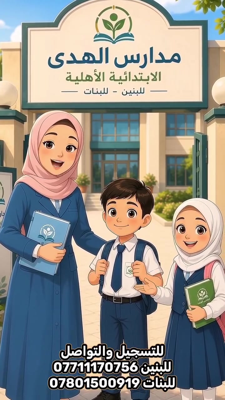 ✨🎒 إعلان تسجيل 🎒✨

🏫 مدارس الهدى الابتدائية الأهلية
👦 للبنين | 👧 للبنات

🌟 يسعدنا الإعلان عن فتح باب التسجيل
للعام الدراسي الجديد 📅 ٢٠٢٦ - ٢٠٢٧

لماذا تختار مدارس الهدى؟

👨‍🏫 كادر تعليمي متميز وذو خبرة
🏛️ صفوف مريحة ومجهزة بالسبورات التفاعلية
🔬 مختبر علوم + مكتبة + مرسم + وحدة صحية
📖 اهتمام بالتأسيس الصحيح للتلاميذ
🌿 بيئة تعليمية آمنة ومحفزة
📚 دروس إثرائية في الفقه والعقائد والأخلاق ودرس الحاسوب

💚 شعارنا في التعليم : 
١- أبناؤكم أمانة 🤗
٢- تعليمهم رسالتنا 📖
٣- تميزهم غايتنا ✨

💰 عروض وتخفيضات مالية لفترة محدودة ⏳
🏆 ١٦ عاماً من العطاء والتميز 💛
📌 الدوام صباحي فقط للمدرستين 

⚠️ لا تضيّع الفرصة! ⚠️
👇 احجز مقعدك الآن قبل اكتمال العدد 👇

🎯 سجّل الآن!

📍 محافظة واسط - كوت - الكفاءات - حي المهندسين
✅ متواجدين كل يوم أحد وثلاثاء من كل اسبوع 
📞 للبنين: ***********
📞 للبنات: ***********

#مدرسة_الهدى_الابتدائية_الاهلية_للبنين 
#مدرسة_الهدى_الابتدائية_الاهلية_للبنات 
#مدارس_الهدى #التسجيل_مفتوح #العام_الدراسي_الجديد #واسط_كوت #تعليم_متميز #مدارس_أهلية #ابتدائية #تسجيل_٢٠٢٦_٢٠٢٧ #تعليم_العراق #مدارس_واسط #مدارس
