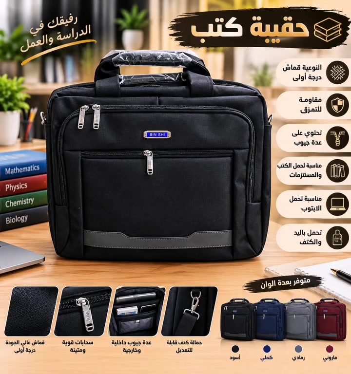 حقيبة كتب قماش
نوعية القماش درجة أولى
مقاومة للتمزق
تحتوي على عدة جيوب
مناسبة لحمل الابتوب
تحمل باليد والكتف
.
.
.
. 
#اكسبلورر  #كتب
  #مدرسة
#قماش #اكسبلور

نص مكتوب في الصور:
- رفيقك في الدراسة والعمل
- حقيبة كتب
- النوعية قماش درجة أولى
- مناسبة لحمل الكتب والمستلزمات
- مناسبة لحمل الابنوب
- متوفر بعدة الوان
- قماش عالي الجودة درجة أولى
- سحابات قوية ومتينة
- عدة جيوب داخلية وخارجية
- حمالة كتف قابلة للتعديل
- أسود
- كحلي
- رمادي
- ماروني