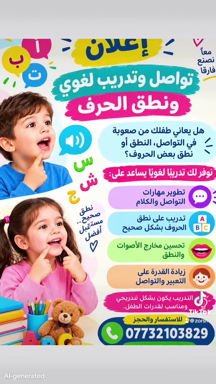 لا توجد تفاصيل

نص مكتوب في الصور:
- معاً نصنع فارقا إعلان تواصل وتدريب لغوي ونطق الحرف هل يعاني طفلك من صعوبة في التواصل، النطق أو نطق بعض الحروف؟ نوفر لك تدريبًا لغويًا يساعد على: تطوير مهارات التواصل والكلام تدريب على نطق الحروف بشكل صحيح تحسين مخارج الأصوات والنطق زيادة القدرة على التعبير والتواصل التدريب يكون بشكل تدريجي ومناسب لقدرات الطفل. للاستفسار والحجز *********** تواصلوا معنا على الهاتف