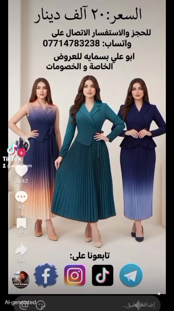 ✨ فساتين وأطقم نسائية أنيقة جداً! ✨ قماش راقي وتصميم فخم يجمع بين الأناقة والترتيب، متوفر بعدة ألوان وموديلات مميزة.

السعر: 20,000 دينار بس!

طريقة الحجز: تواصلوا ويانا بالرسائل وارسلوا (الصورة أو القطعة المطلوب حجزها، القياس، والعنوان التفصيلي: رقم العمارة ورقم الشقة).

للحجز والاستفسار: تواصلوا ويانا واتساب على الرقم ***********

ابو علي بسمايه – تابعونا على صفحاتنا للاطلاع على أقوى العروض والخصومات! 🛍️
