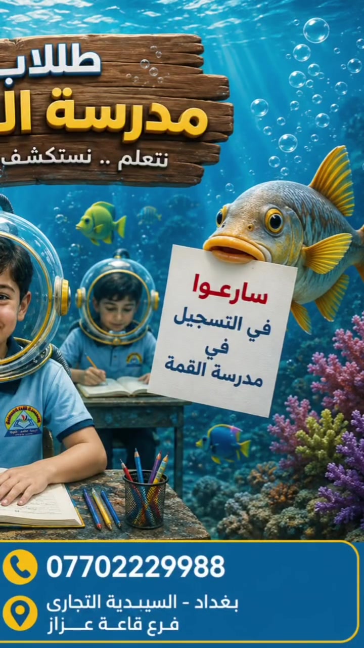 جاهزون يا أبطال؟
👦👧 الأطفال: هاي هاي كابتن! 🙋‍♂️🙋‍♀️
إذن استعدّوا
لنخوض معًا رحلة مغامرة مختلفة ومليئة بالتعلّم والاكتشاف والإبداع!
🤿 تحت الماء، وبين الأسماك والشعاب المرجانية، نكتشف عالمًا جديدًا من المعرفة…
🎒 في مدرسة القمة الأهلية
حيث يتحول التعلّم إلى مغامرة لا تُنسى! 💙💛
✨ جاهزون للمغامرة؟ سارعوا بالتسجيل واحجزوا مقعدكم الآن!
📞 ***********
📍 بغداد – السيدية التجاري – فرع قاعة عزاز
مدرسة القمة الأهلية… 
نتعلم، نستكشف، نبدع! 🌊🧜🏻
