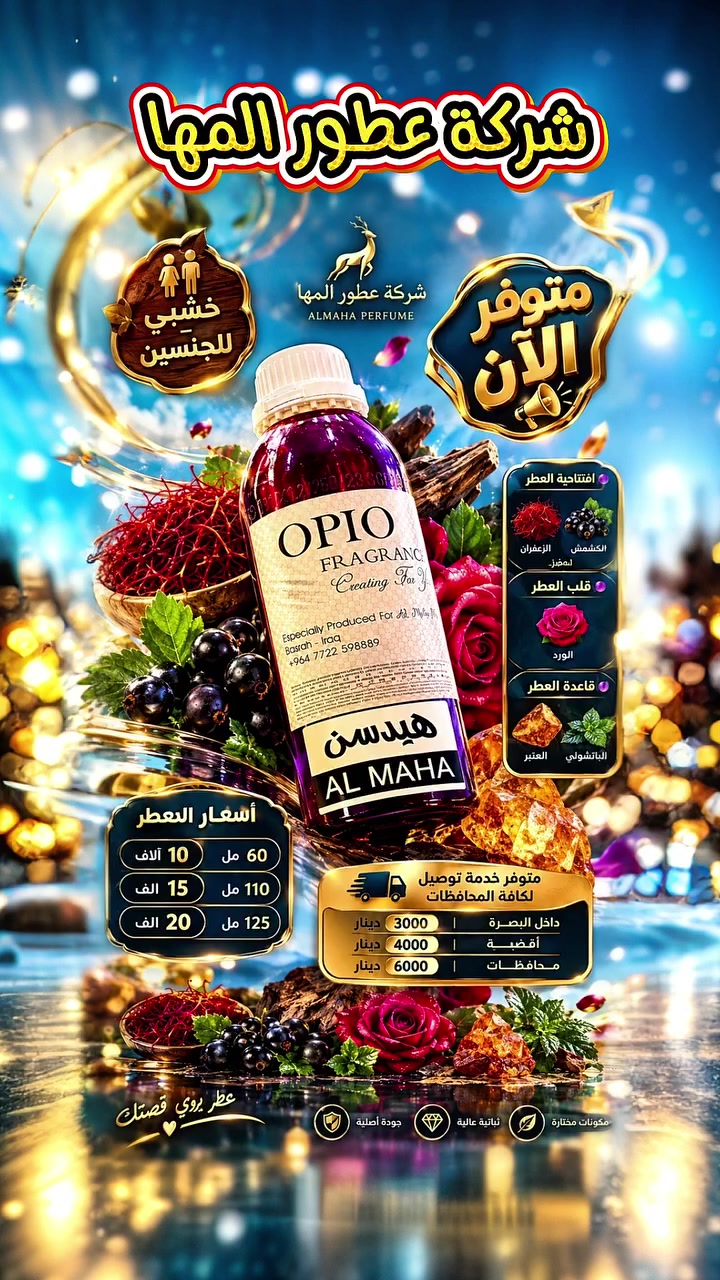 🌸 شركة عطور المها 🌸

 هيدسن    

☎️ ***********

🟣 افتتاحية العطر 
  الزعفران 
الكشمش الاسود    
 🟣 قلب العطر 
الورد       
 🟣 قاعدة العطر 
العنبر 
الباتشولي         

📦 الأحجام والأسعار:
60مل بـ  10
110مل بـ  15
125 مل  20
🚕 خدمة التوصيل متوفرة:

مركز البصرة: 3
الأقضية: 4
باقي المحافظات: 6

📍 العنوان: البصرة – العشار – شارع عبد الله بن علي

