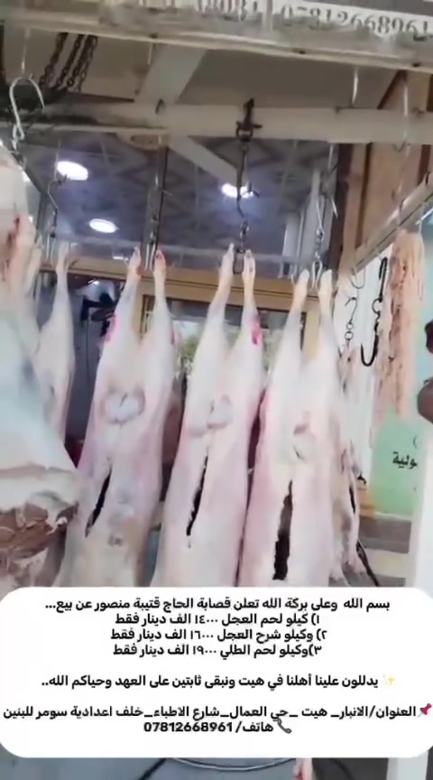 بسم الله وعلى بركة الله تعلن قصابة الحاج قتيبة منصور عن بيع كيلو لحم العجل عظم ١٤٠٠٠ الف دينار فقط وكيلو شرح العجل ١٦٠٠٠ الف دينار فقط وكيلو لحم الطلي ١٩٠٠٠ الف دينار فقط وحياكم الله في موقعنا الانبار هيت حي العمال شارع الاطباء_خلف اعداديه سومر للبنين هاتف *********** وحياكم الله
