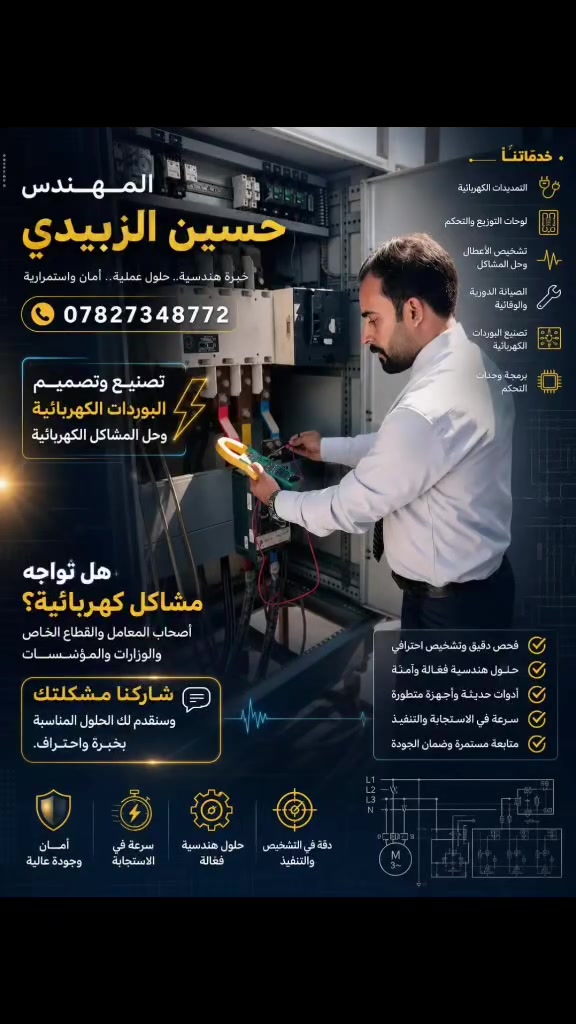 📢 إلى أصحاب المعامل • الشركات • المواقع • القطاع الخاص • الدوائر الحكومية والوزارات .

هل لديكم مشكلة في منظومة 400V؟

🔌 فصل متكرر؟
⚡️ عدم توازن الفيزات؟
🔄 عكس فيزات؟
🛡️ ضعف أو ارتفاع الفولتية؟
🔥 مشاكل تشغيل وحماية المحركات؟
🎛️ حاجة إلى Control & Protection Panel ؟

اطرحوا المشكلة… وأنا أبحث عن الحل المناسب لها هندسياً.

أعمل في تصميم وتنفيذ بوردات السيطرة والحماية الكهربائية وأنظمة التشغيل ضمن منظومات 400V، مع دراسة المشكلة وتصميم الحل حسب حاجة الموقع.

📩 إذا كانت لديكم مشكلة كهربائية، اكتبوا لي تفاصيلها أو تواصلوا معي.

المهندس حسين الزبيدي 

📞   اتصال &واتساب    ***********

....
