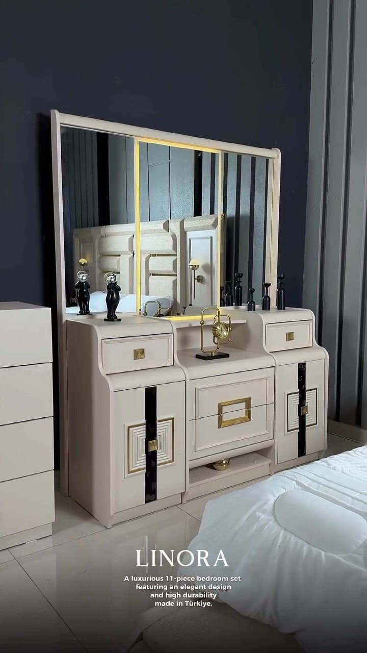 

نص مكتوب في الصور:
- LINORA
- A luxurious 11-piece bedroom set featuring an elegant design and high durability made in Türkiye.