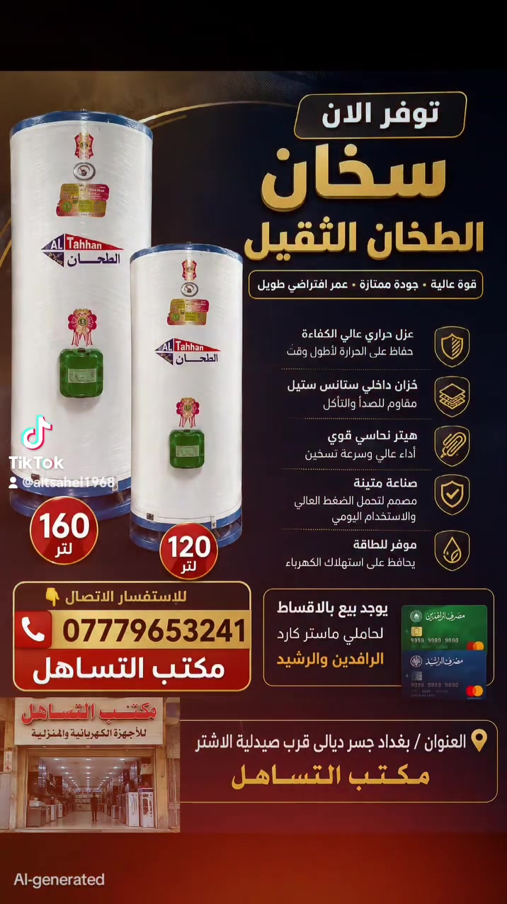 توفر الان
سخان الطحان
سخان الحجاز السعودي
120 لتر
160 لتر

للاستفسار الاتصال 👇
***********
مكتب التساهل
يوجد بيع بالاقساط لحاملي ماستر كارد الرافدين والرشيد

العنوان بغداد جسر ديالى قرب صيدلية الاشتر مكتب التساهل

