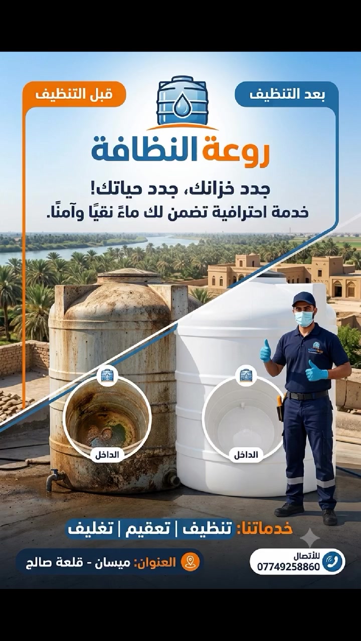 التانكي عندك وصخ؟ راسلنا او اتصل بينه والباقي علينه 
خدماتنا: تــنــظـيـف-تـعـقـيم-تـغـليف حسب الطلب 
للأتصال *********** 
العنوان: قلعة صالح
قلعة الخير  قلعة صالح مدينتي
