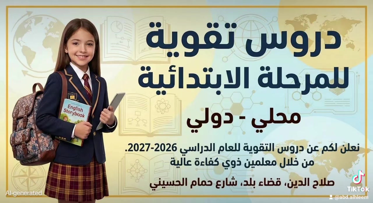 أعلان ..... تميز معنا وحقق الامتياز ...
مع حلول العام الدراسي الجديد  ..
نعلن لكم عن انطلاق دورات التقوية للمرحلة الابتدائية للمنهاج الحكومي المحلي والدولي .
. كادر متخصص ذوو خبرة طويلة 
. قاعات مهيئة لتلبي احتياجات الطلاب بالتعليم 
. دقة في الالتزام بمفردات المنهاج 
.  امتحانات يومية واسبوعية وشهرية 
. النجاح هدفنا والتميز طموحنا ..
صلاح الدين قضاء بلد شارع حمام الحسيني معهد القلم سابقا. 
للاستفسار والتسجيل الاتصال او واتساب .
*********** .
