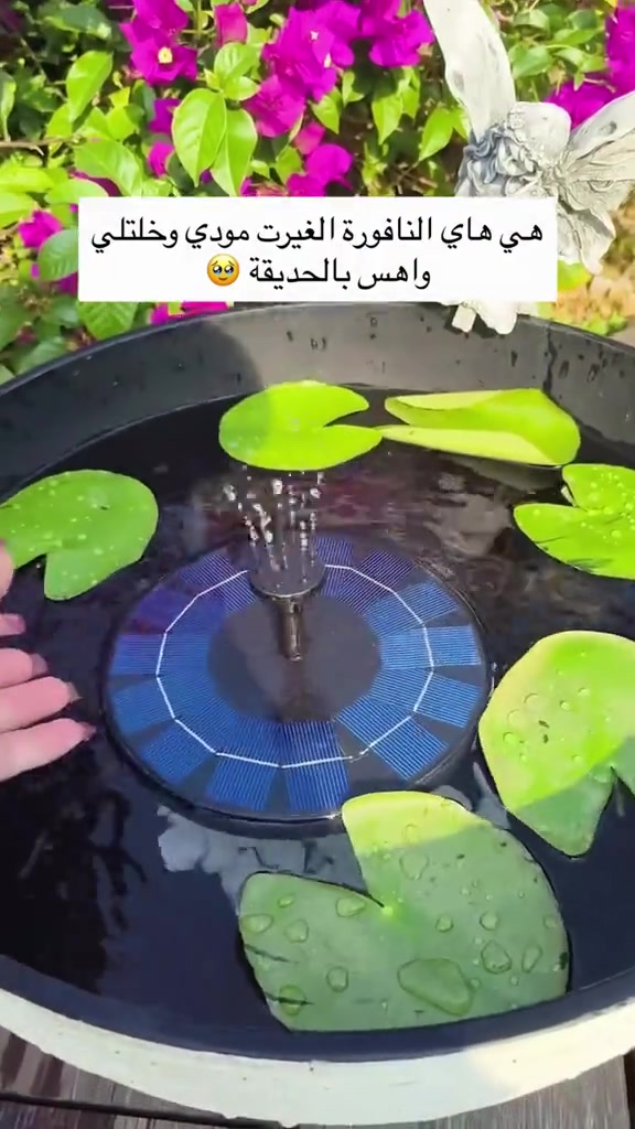 نافورة طاقة شمسية السعر 13 الف نافورة تعمل بالطاقة الشمسية، مخصصة لإضافة حركة ومظهر جمالي للماء في الحدائق والمساحات الخارجية تعمل من خلال لوح شمسي يحوّل ضوء الشمس إلى طاقة لتشغيل مضخة المياه وتقوم المضخة بسحب الماء وإعادة ضخه إلى الأعلى لتكوين تدفق مائي مستمر. لا تحتاج إلى توصيل مباشر بالكهرباء أثناء التشغيل في ضوء الشمس. بمكن استخدامها في الحدائق، أحواض الزينة، الشرفات والمساحات الخارجية المناسبة ويختلف ارتفاع وقوة تدفق الماء بحسب شدة أشعة الشمس وطراز النافورة وتصميمها عملي وسهل التركيب، مع إمكانية تغيير شكل خروج الماء حسب الفوهة المستخدمة

نص مكتوب في الصور:
- هي هاي النافورة الغيرت مودي وخليتلي واهس بالحديقة 🥺