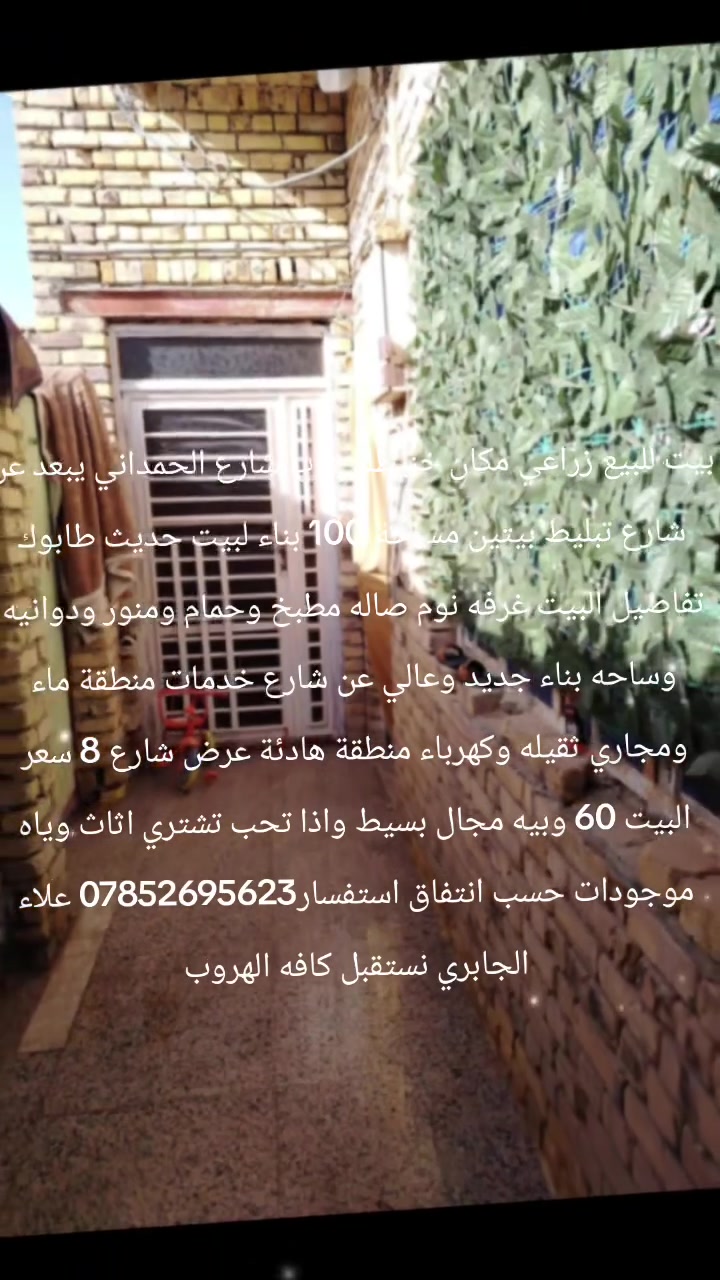 بيت للبيع زراعي مكان خنيطله قرب شارع الحمداني يبعد عن شارع تبليط بيتين مساحة 100 بناء لبيت حديث طابوك تفاصيل البيت غرفه نوم صاله مطبخ وحمام ومنور ودوانيه وساحه بناء جديد وعالي عن شارع خدمات منطقة ماء ومجاري ثقيله وكهرباء منطقة هادئة عرض شارع 8 سعر البيت 60 وبيه مجال بسيط واذا تحب تشتري اثاث وياه موجودات حسب انتفاق استفسار‏‪***********‬‏ علاء الجابري فقط بس واتساب مستقبل كافه العروض
