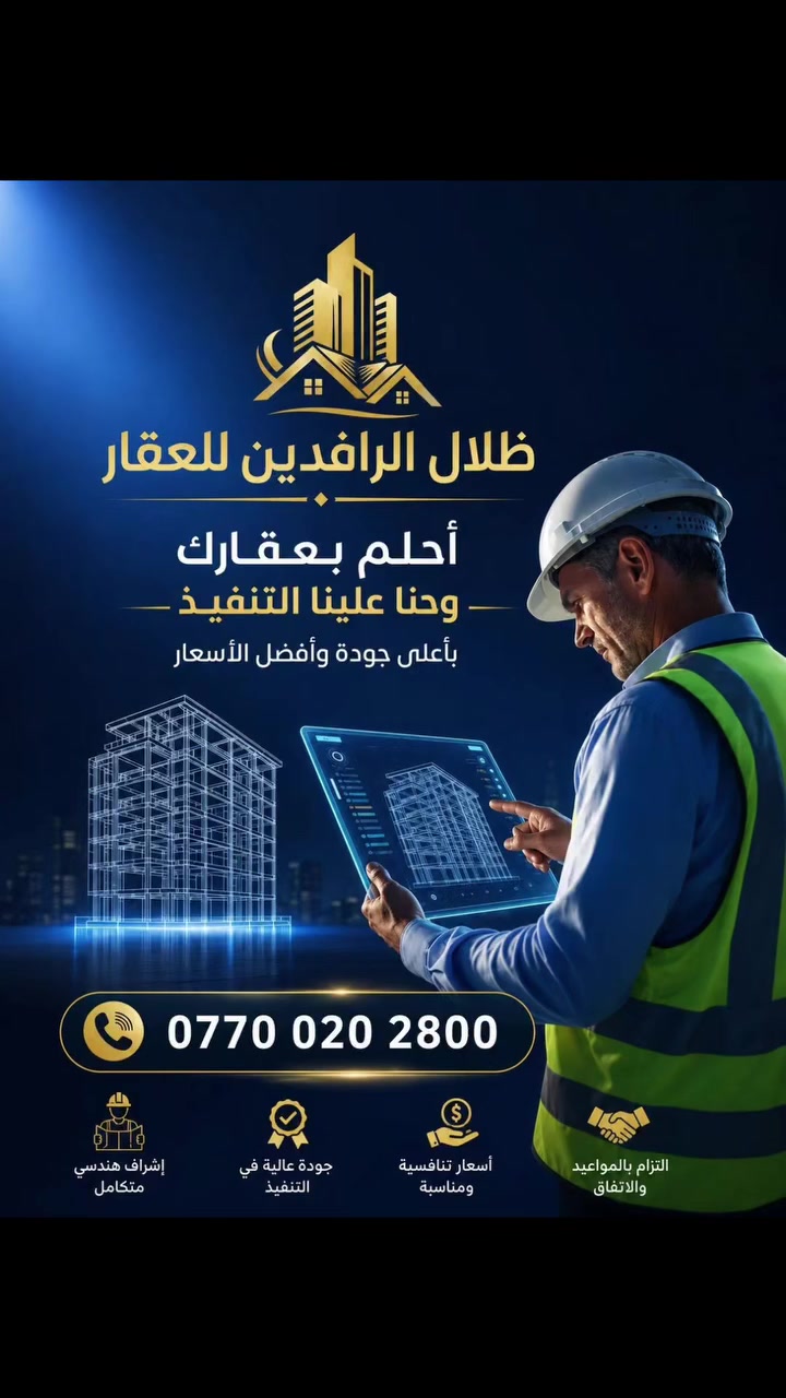 🏗️ احلم ببيتك.. وحنّا علينا التنفيذ بأعلى جودة وأفضل الأسعار!
نعلن عن جاهزيتنا التامة لتنفيذ كافة أعمال البناء داخل محافظة بغداد حصراً، تحت إشراف هندسي استشاري متكامل مع تقديم الخرائط والمخططات والتصميم مجاناً.
أسعارنا لتنفيذ المتر المربع:
 * بناء هيكل: 200 ألف دينار عراقي فقط.
 * تسليم مفتاح (درجة ثانية): 400 - 450 ألف دينار عراقي (حسب المواصفات).
 * تسليم مفتاح (درجة اولى وممتازة): 500، 550، 600 ألف دينار وصعوداً (حسب المواصفات المطلوبة).
لماذا تختارنا؟
 * 📐 خرائط وتصاميم مجانية بالكامل عند الاتفاق.
 * 📋 جدول مواصفات تفصيلي يوضح كافة المواد المستخدمة.
 * 📝 عقد رسمي وتوثيق يضمن كودات البناء وحقوقك.
 * ⚖️ شرط جزائي ملتزم بالمدة الزمنية المحددة للتسليم.
 * 💳 نظام تسديد مرن مريح على شكل دفعات ميسرة مع مراحل الإنجاز.
 * 👷‍♂️ تنفيذ وإشراف مهندس استشاري طوال فترة العمل.
📍 منطقة العمل: بغداد حصرياً.
📞 للاستفسار والحجز: ***********
