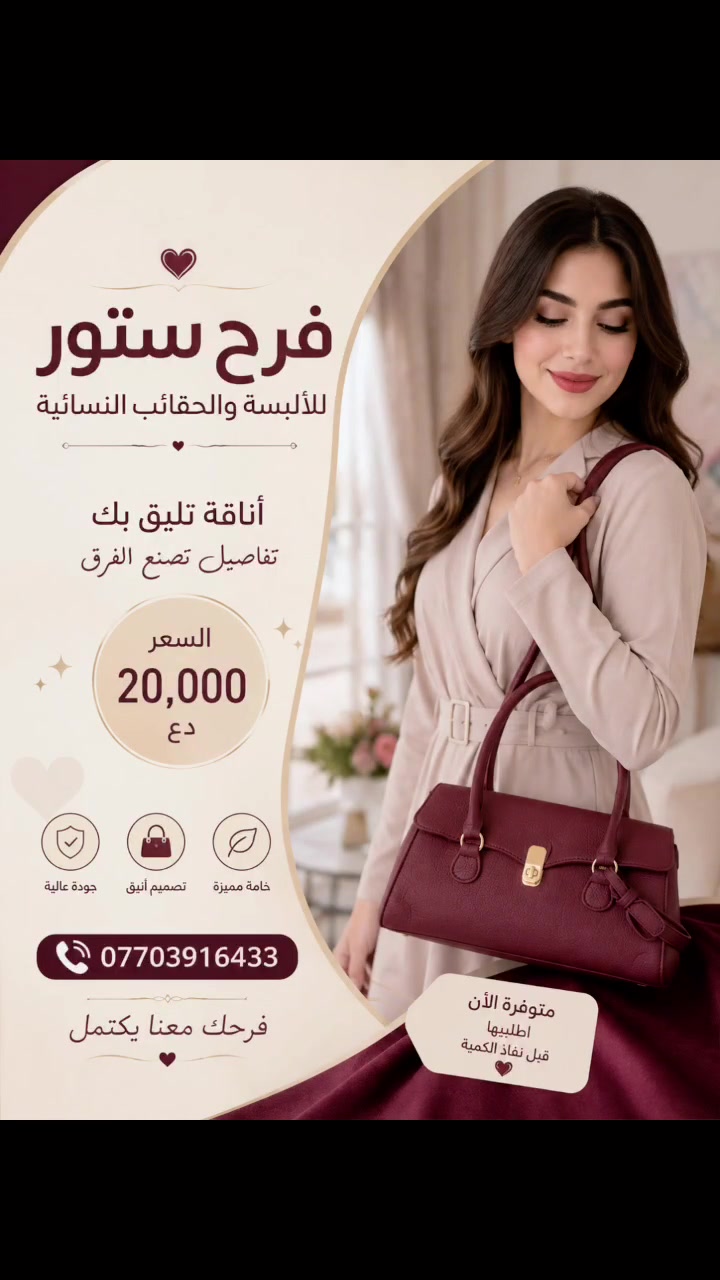 👜 فرح ستور | أناقة تليق بك
✨ حقيبة نسائية أنيقة بتصميم راقي ومميز
🤎 اللون: عنابي فاخر
🎀 مناسبة للطلعات والمناسبات والاستخدام اليومي
💰 السعر: 20,000 د.ع فقط
📞 للطلب والاستفسار:
***********
🚚 توصيل متوفر حسب المنطقة
📩 للحجز راسلونا خاص
#فرح_ستور #حقائب_نسائية #شنط_نسائية #حقائب #شنط       #ترند #العراق
