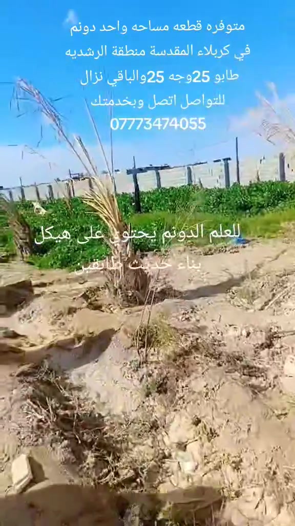 فرصه اسثماريه في كربلاء المقدسة منطقة الرشديه
دونم طابو 25
على النهر مباشر 
يحتوي على هيكل طابقين بناء حديث
مزروع نخل مثل ما واضح بالفديو 
للفاصيل اكثر اتصل وبخدمتك 
***********
@إشارة 
@إشارة
