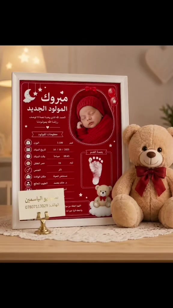 ✨ وثّق أجمل لحظات طفلك الأولى مع ستوديو الياسمين! ✨

​نص الإعلان:

​👶🏻 لأن اللحظات الأولى لا تُعوّض... اجعلها ذكرى تدوم للعمر! 🌟

​يعلن ستوديو الياسمين عن خدمة تصميم صور حديثي الولادة بأجمل الإطارات والثيمات المميزة، مع إضافة كافة التفاصيل الخاصة بطفلك:

​👶 اسم الطفل

​⚖️ الوزن

​📅 تاريخ الميلاد والعمر

​طريقة الطلب بسيطة جداً:

كل ما عليك هو إرسال صورة الطفل، والتصميم واللمسة الفنية علينا! 🎨📸

​📞 للحجز والاستفسار (واتساب / اتصال):

***********
