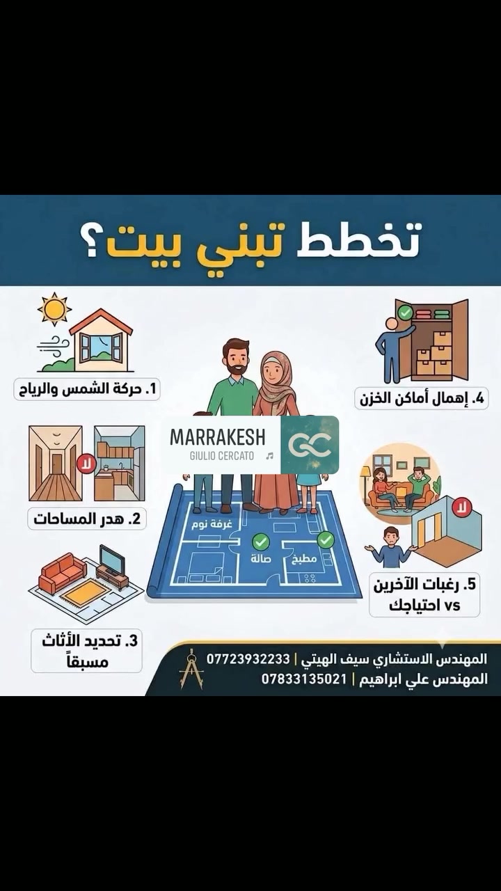 5 خمسة أخطاء احذر منها وتجنبها عن بناء بيت أحلامك !
​البناء على الورق وتعديل الخريطة "ما يكلفك شيء"، بس التعديل بالواقع يعني "صرف ملايين". حتى يكون بيتك مريح وما تظل طول عمرك تعدل بيه، اتجنب هاي الأخطاء:
​1️⃣ تجاهل حركة الشمس والرياح: اختار أماكن الشبابيك والتهوية بذكاء لتضمن إضاءة ممتازة وأقل حرارة، وتقلل مصاريف الكهرباء والتبريد.
2️⃣ هدر المساحات: الممرات الطويلة والموزعات الزائدة تأكل من مساحة البيت؛ صمم الموزعات بذكاء لربط الغرف بأقل مساحة ممكنة.
3️⃣ إهمال التصميم الداخلي وتوزيع الأثاث: تحديد أماكن الأثاث مسبقاً يمنع الكركبة ويخلي حركة البيت مريحة وسلسة.
4️⃣ نسيان مخازن البيت: عدم التخطيط لأماكن الخزن راح يخلي الأغراض الزايدة مطشرة بالطابق الثاني وتاخذ نص المساحة!
5️⃣ تقديم رغبة الناس على احتياجك: البيت إلك مو للغير.. لا تسوي ديوانية 11 متر وأنت يجيك خطار مرة بالسنة!
​💡 نصيحة ذهبية:
لا ترسم الخريطة بنفسك، الخريطة مو مجرد خطوط متقاطعة! استعن بمهندس مختص يدرس كل شبر ويضمن لك بيت مريح وبأقل التكاليف.
​📲 للتواصل والاستفسار:
راسلنا عبر الرسائل أو اتصل بنا مباشرة:
 المهندس الاستشاري سيف الهيتي: ***********
 المهندس علي إبراهي # # # #م: ***********
#بناء_بيت #تصميم_معماري #نصائح_بناء #ديكور_داخلي #مخطط_بيت #عقارات
