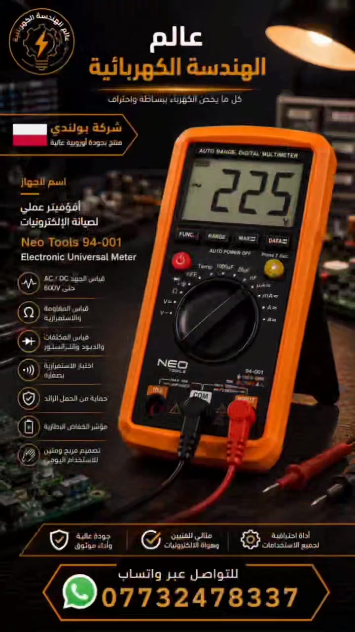 أفوميتر عملي لصيانة الإلكترونيات Neo Tools 94-001 Electronic Universal Meter
العلامة التجارية بولندا
NEO TOOLS : وهي علامة بولندية تابعة لمجموعة TOPEX/GTX Poland
لتواصل رقم الواتساب ***********
