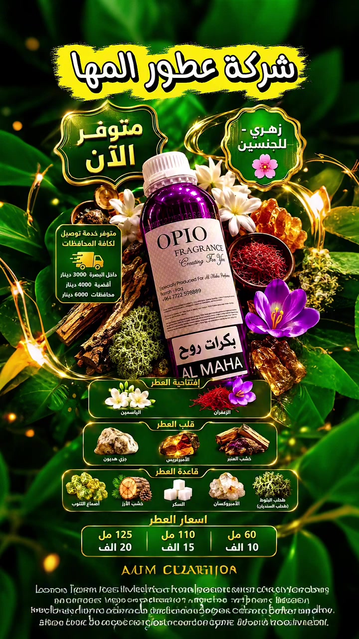 🌸 شركة عطور المها 🌸

بكرات روج 

للاستعلام والتوصيل : ☎️ ***********  

🟣 افتتاحية العطر 
الزعفران     
الياسمين      
 🟣 قلب العطر 
خشب العنبر        
الأمبرغريس          
 🟣 قاعدة العطر 
أصماغ التنوب       
خشب الارز      
السكر 
الأمبروكسان 
طحلب البلوط 

📦 الأحجام والأسعار:
60مل بـ  10
110مل بـ  15
125 مل  20
🚕 خدمة التوصيل متوفرة:

مركز البصرة: 3
الأقضية: 4
باقي المحافظات: 6

📍 العنوان: البصرة – العشار – شارع عبد الله بن علي

