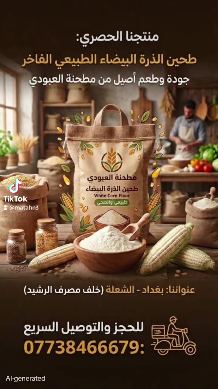 🌽 توفّر جديد في مطحنة العبودي! 🌽
طحين الذرة البيضاء بأجود نوعية وأنسب الأسعار! 👌✨
📍 العنوان: بغداد - شعله الصدرين- خلف مصرف الرشيد - مطحنة العبودي
🛵 للاستفسار وخدمة التوصيل السريع (واتساب):
📲 ***********
#طحين_الذرة_بديل_القمح_الجلوتين #منتجات_عضويه #مطحنه_العبودي #العراق #بغداد #شعله_الصدرين #طحين_الذره #دايت #صحي #توصيل_كافه_العراق #طبيعي  #عضوي
