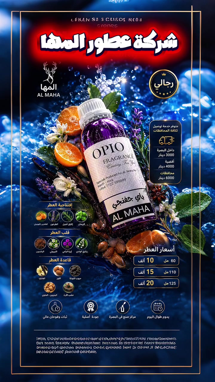 🔥 شركة عطور المها 🔥

باي جفنجي - Pi Givenchy

إفتتاحية العطر الماندرين (اليوسفي), الطرخون, إكليل الجبل و الريحان; قلب العطر الينسون, النيرولي, إبره الراعي و زنابق الوادي; قاعدة العطر تتكون من الفانيليا, اللوز, حبوب التونكا, البنزوين - الجاوي و خشب الأرز.

شركة عطور المها 
للاستعلام والتوصيل
☎️***********
Whatsapp : wa.me/9647778156791
TikTok : https://www.tiktok.com/@almahaperfume8?_t=ZS-8y1w4CjaRd4&_r=1
Instgram : https://www.instagram.com/almaha_co_4?igsh=eWRpdDhvcDVkY3kx&utm_source=qr
Youtube : https://youtube.com/@almaha.perfume?si=bNhrOv6sgOpD6M0a
