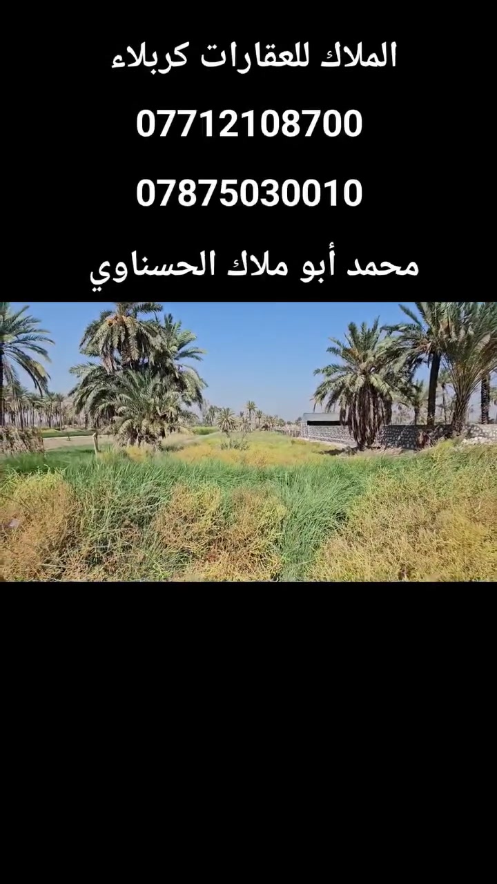 👋 المصداقية سر نجاحنا 💥 الملاك للعقارات كربلاء  
👋 عرض لا يفوت ..... تصلح أي شيء🖼 

💢 دونم ونص  الواجهة 22 متر والباقي نزال 
💢 سند 25 طابو زراعي تحويل أسهم بأسم المشتري 
💢 جميع الخدمات متوفرة 👈 تبليط _ نهر سقي _ ماء أساله 

💢 العنوان// كربلاء _ الجذار _ شارع النجف عمود 1141 وتنزل مسافة كيلوين ونص تقريبا تبعد عن الإمامين عليهم السلام 11 كيلو تقريبا 

🔴عندك عقار للبيع و محتار  يم الملاك لا تحتار سهله ما عليك سوى التواصل معنا : 

☎️ ***********          ☎️ ***********
                  محمد أبو ملاك الحسناوي 

زوروا موقعنا : مكتب أملاك الخير _ شارع الرابط _ مقابيل المعمل المقرنص
