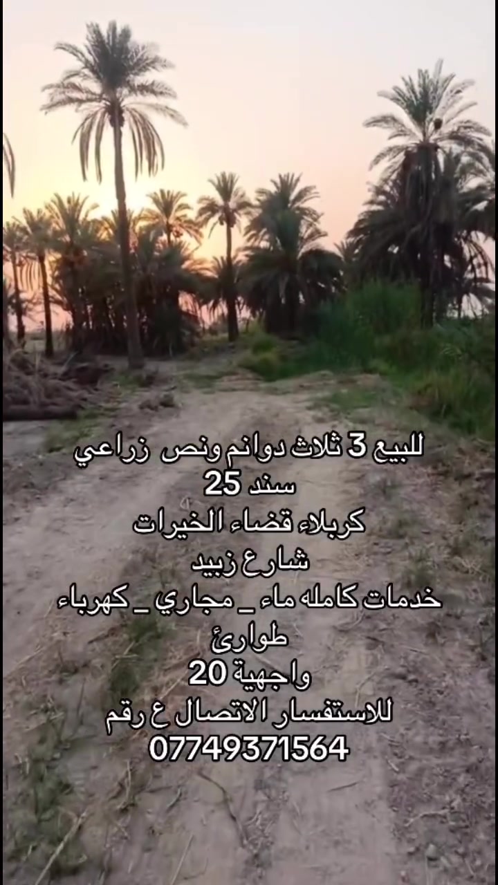 🌹 يا الله، اللهم صلِّ على محمد وآل محمد 🌹

🏡 للبيع أرض زراعية مميزة

📐 المساحة: 3 دوانم ونصف
📜 السند: سند 25
📍 العنوان: كربلاء – قضاء الخيرات – شارع زبيد

✨ تتوفر كافة الخدمات:
💧 ماء
🚰 مجاري
⚡ كهرباء
🔌 طوارئ

📏 الواجهة: 20 متر
📐 والباقي نزال

📞 للاستفسار والتفاصيل:
***********

💎 فرصة مناسبة للسكن والاستثمار، موقع مميز وخدمات متكاملة.
