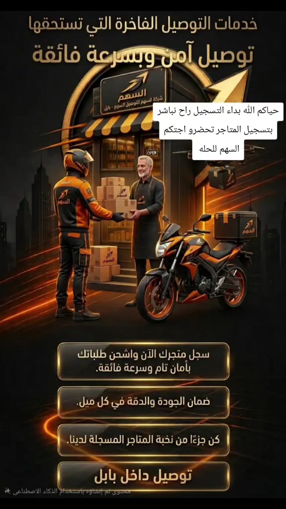 💥 أصحاب المتاجر في الحلة.. جاهزين؟! 💥
​غداً نبلش رسمياً بتسجيل المتاجر والانضمام لشركة السهم للتوصيل السريع! 🎯📦
​إذا تريد توصيل فاخر، سريع، وآمن لعملاء متجرك بابل/الحلة.. مكانك ويانا! 🛵💨
​✅ ضمان الجودة والدقة لكل طلب.
✅ سرعة وأمان في نقل البضائع.
​📲 تواصل لتسجيل أصحاب المتاجر واتساب وحجز مقعدك من اليوم:
☎️ ***********
​✨ السهم.. خطوتك الأولى لتطوير متجرك! ✨
