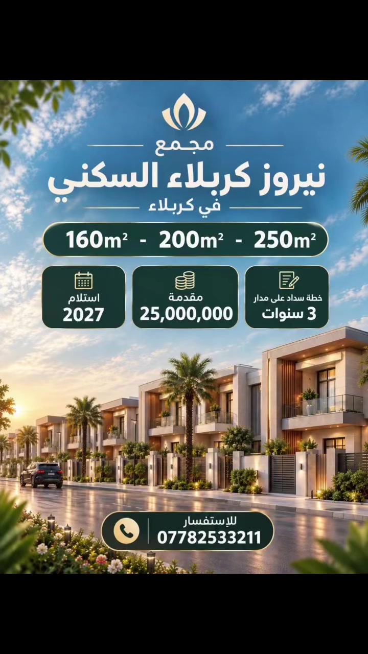 🏡 نيروز السكني… بيتك الجديد يبدأ من هنا ✨
إذا تبحث عن سكن راقي، تصميم عصري، وبيئة سكنية متكاملة… مجمع نيروز خيارك للسكن براحة وخصوصية 🤍

📐 المساحات المتوفرة:
▫️ 160 م²
▫️ 200 م²
▫️ 250 م²

💰 المقدمة تبدأ من 35 مليون فقط

🌿 تصاميم عصرية
☀️ طاقة شمسية وبيت ذكي
🌳 مساحات خضراء
🔐 أمان ونظام متكامل

📍 كربلاء – طريق بغداد

📞 للاستفسار والحجز:
***********

✨ نيروز… استثمارك اليوم لراحتك غداً
