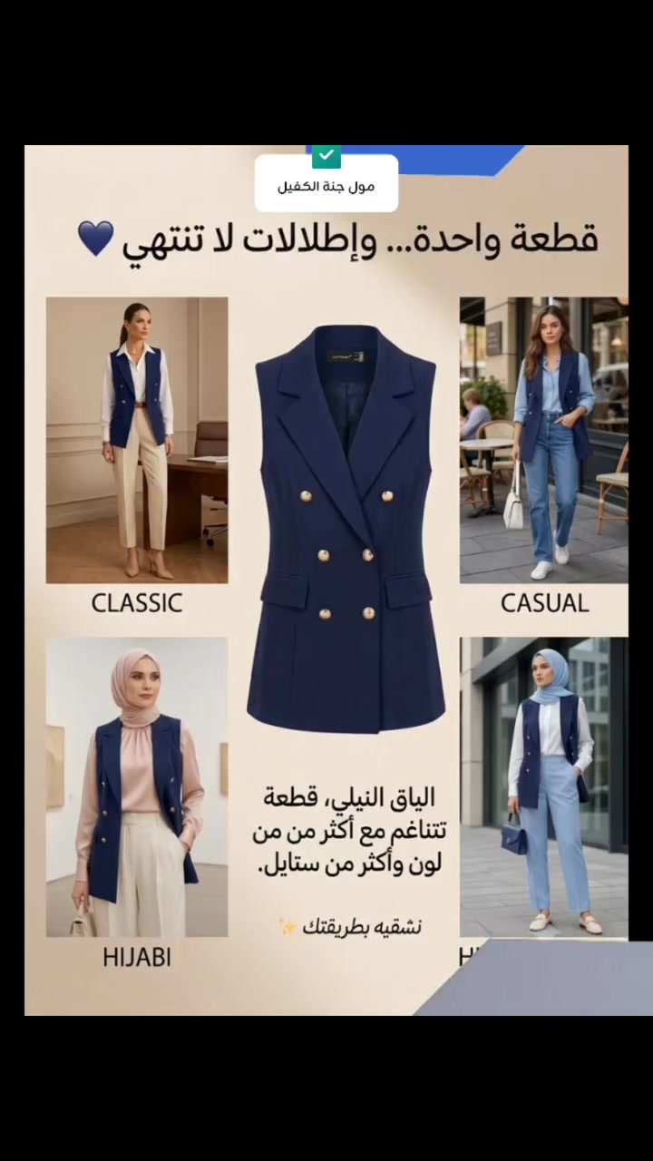 قطعة واحدة.. وإطلالات لا تنتهي! 💫

​نسّقي ستايلج على ذوقج مع الياق (البليزر الرسمي) الأنيق من مول جنة الكفيل. قطعة أساسية في خزانة كل امرأة تبحث عن الأناقة والعملية، يترتب ويا الكاجوال، الكلاسيك، وإطلالات المحجبات بألوان مميزة (الجوزي، النيلي، والأسود) 🖤🤎💙

​💵 السعر: 20 ألف دينار فقط

​📍 العنوان: بغداد - جسر ديالى الجديد - باتجاه تقاطع النهروان - الكرغولية

📱 للحجز والتوصيل أو الاستفسار (واتساب): ***********

#مول_جنة_الكفيل #تنسيقات_الجامعه #يلك #الكرغولية #النهروان
