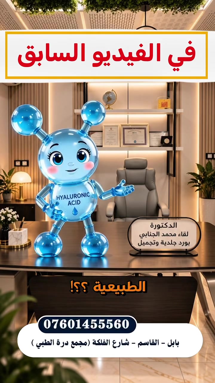 💧 وين نكدر نحصل على حمض الهيالورونيك؟

هل موجود بالتغذية؟ 🥗
وهل الكريمات تكفي لترطيب البشرة؟ ✨
وشنو الفرق بينها وبين حقن الهيالورونيك أسيد؟ 💉
وهل أكو طريقة تعتبر أفضل من الثانية؟

بهذا الفيديو د. لقاء توضح الفرق بين الهيالورونيك الموجود ضمن الكريمات والحقن، ومتى يُستخدم كل نوع حسب حاجة البشرة. 👩🏻‍⚕️

📲 تابعوا الفيديو للنهاية حتى تعرفون التفاصيل والعناية الطبية الصحيحة.

🩺 د. لقاء محمد الجنابي | بورد جلدية وتجميل وليزر
📍 بابل - القاسم - شارع الفلكة - مجمع درة الطبي
🕒 3:30 عصراً | الجمعة 9:00 صباحاً
📞 العيادة: ***********
📞 الليزر: ***********

#بابل #القاسم #جلدية_وتجميل #حمض_الهيالورونيك #HyaluronicAcid #صحة_البشرة #العناية_بالبشرة #تجميل #دكتورة_لقاء_الجنابي
