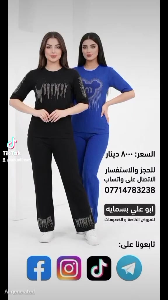 ✨ تراكات نسائية أنيقة وعملية! ✨
تفصال مرتب وخامة مريحة، متوفر باللونين (الأسود والأزرق) مع تطريز بفصوص كريستال يجنن.
 * السعر: 8,000 دينار بس!
 * طريقة الحجز: تواصلوا ويانا بالرسائل وارسلوا (القطعة المطلوب حجزها، القياس، والعنوان التفصيلي: رقم العمارة ورقم الشقة).
 * للحجز والاستفسار: تواصلوا ويانا واتساب على الرقم ***********
ابو علي بسمايه – تابعونا على صفحاتنا للاطلاع على أقوى العروض والخصومات! 🛍️
