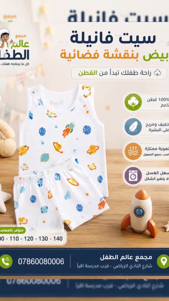 🚀✨ سيت فانيلة أطفال بنقشة فضائية مميزة ✨🚀 طقم لطيف ومريح لطفلك، بتصميم مرح وألوان جميلة تخليه مميز بكل إطلالة 🤍💙 ☁️ قطن ناعم ومريح 🌿 خفيف على البشرة 🌬️ تهوية جيدة وراحة بالحركة 🧺 سهل الغسل والعناية 📏 المقاسات: 100 – 110 – 120 – 130 – 140 📍 مجمع عالم الطفل شارع النادي الرياضي – قرب مدرسة اقرأ 📞 ***********
