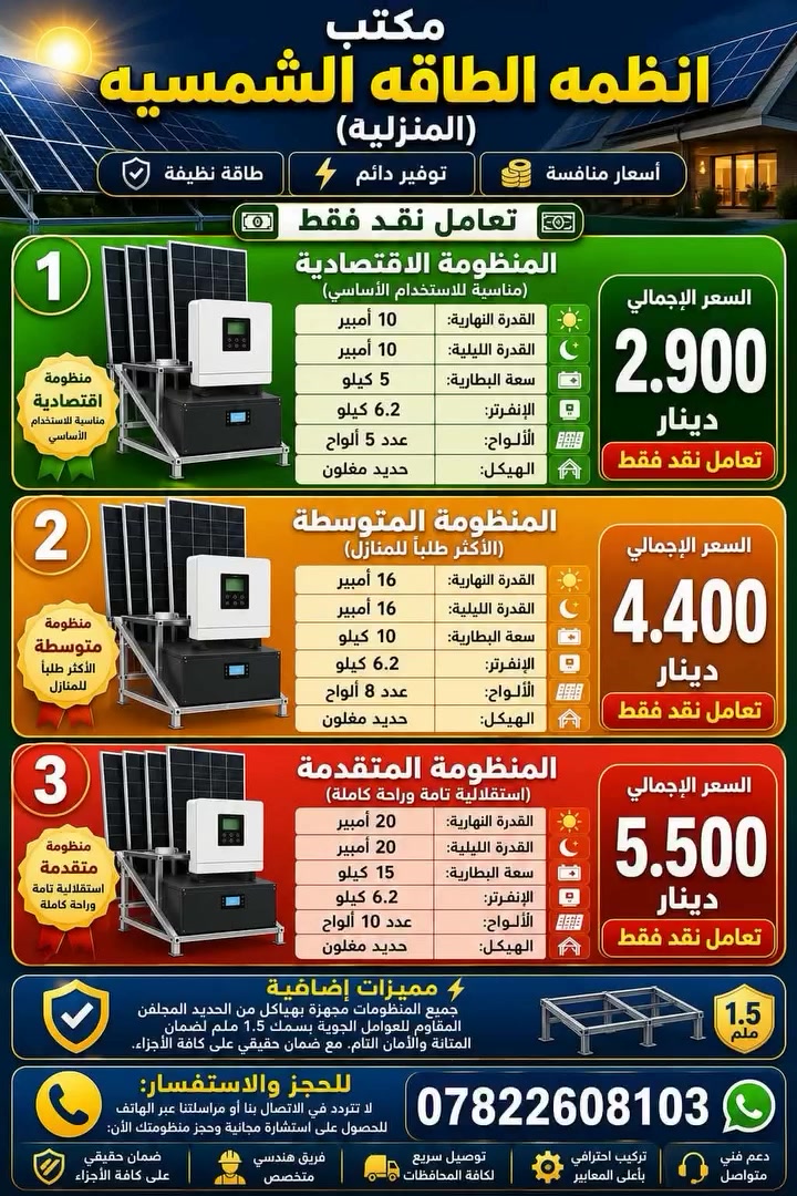 1️⃣ المنظومة الاقتصادية (مناسبة للاستخدام الأساسي)
​القدرة النهارية: 10 أمبير
​القدرة الليلية : 10أمبير
​سعة البطارية: 5 كيلو 
​الإنفرتر:  6.2 كيلو
​الألواح: عدد 5 ألواح
​الهيكل: حديد مغلون  
​💰 السعر الإجمالي: 2.900
​2️⃣ المنظومة المتوسطة (الأكثر طلباً للمنازل)
​القدرة النهارية: 16 أمبير
​القدرة الليلية : 16أمبير
​سعة البطارية: 10 كيلو
​الإنفرتر: 6.2 كيلو
​الألواح: عدد 8 ألواح
​الهيكل: حديد مغلون
​💰 السعر الإجمالي: 4.400
​3️⃣ المنظومة المتقدمة (استقلالية تامة وراحة كاملة)
​القدرة النهارية: 20 أمبير
​القدرة الليلية: 20 أمبير
​سعة البطارية: 15 كيلو
​الإنفرتر: 6.2 كيلو
​الألواح: عدد 10 ألواح
​الهيكل: حديد مغلون
​💰 السعر الإجمالي: 5.500
​⚡ مميزات إضافية: جميع المنظومات مجهزة بهياكل من الحديد المجلفن المقاوم للعوامل الجوية بسمك 1.5 ملم لضمان المتانة والأمان التام، مع ضمان حقيقي على كافة الأجزاء.
​📞 للحجز والاستفسار:
​لا تتردد في الاتصال بنا أو مراسلتنا عبر الهاتف للحصول على استشارة مجانية وحجز منظومتك الآن:
​رقم الهاتف: ***********
