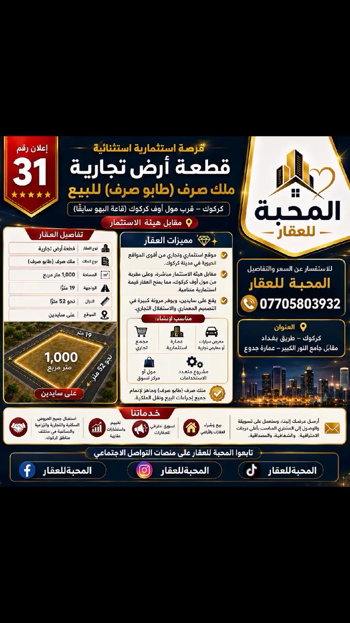 🏢 إعلان رقم (31)
✨ فرصة استثمارية استثنائية
قطعة أرض تجارية ملك صرف (طابو صرف) للبيع
📍 الموقع: كركوك – قرب مول أوف كركوك (قاعة البهو سابقًا)
مقابل هيئة الاستثمار
━━━━━━━━━━━━━━━━━━
📐 تفاصيل العقار
📌 نوع العقار: قطعة أرض تجارية
📋 نوع الملك: ملك صرف (طابو صرف)
📏 المساحة: 1,000 متر مربع
📍 الواجهة: 19 مترًا
📍 النزال: نحو 52 مترًا
🛣 الموقع: على سايدين
━━━━━━━━━━━━━━━━━━
⭐ مميزات العقار
✅ موقع استثماري وتجاري من أقوى المواقع الحيوية في مدينة كركوك.
✅ مقابل هيئة الاستثمار مباشرة، وعلى مقربة من مول أوف كركوك، مما يمنح العقار قيمة استثمارية متنامية.
✅ يقع على سايدين، ويوفر مرونة كبيرة في التصميم المعماري والاستغلال التجاري.
✅ مناسب لإنشاء:
مجمع تجاري.
عمارة استثمارية.
معرض سيارات أو معارض تجارية.
مول أو مركز تسوق.
مشروع متعدد الاستخدامات.
✅ ملك صرف (طابو صرف) وجاهز لإتمام جميع إجراءات البيع ونقل الملكية.
━━━━━━━━━━━━━━━━━━
📞 للاستفسار عن السعر والتفاصيل
المحبة للعقار
📱 ***********
📍 العنوان:
كركوك – طريق بغداد – مقابل جامع النور الكبير – عمارة جدوع
━━━━━━━━━━━━━━━━━━
🤝 خدماتنا
✔ بيع وشراء العقارات والأراضي.
✔ تسويق احترافي للعقارات.
✔ تقييم واستشارات عقارية.
✔ استقبال جميع العروض السكنية والتجارية والزراعية والصناعية في مختلف مناطق كركوك.
📩 أرسل عرضك إلينا، وسنعمل على تسويقه والوصول إلى المشتري المناسب بأعلى درجات الاحترافية، والشفافية، والمصداقية.
━━━━━━━━━━━━━━━━━━
🌐 تابعوا المحبة للعقار على منصات التواصل الاجتماعي
📘 فيسبوك
https://www.facebook.com/share/1DXCv6akYk/⁠�
📷 إنستغرام
https://www.instagram.com/almahba.emlek?igsh=MXExeGhkdHh1andqeQ==⁠�
🎵 تيك توك
https://www.tiktok.com/@al_mahabba_aqar?_r=1&_t=ZS-98i8PjCI5wN⁠�
━━━━━━━━━━━━━━━━━━
#المحبة_للعقار
#عقارات_كركوك
#أرض_للبيع
#أرض_تجارية
#ملك_صرف
#طابو_صرف
#استثمار_عقاري
#مول_أوف_كركوك
#هيئة_الاستثمار
#كركوك
