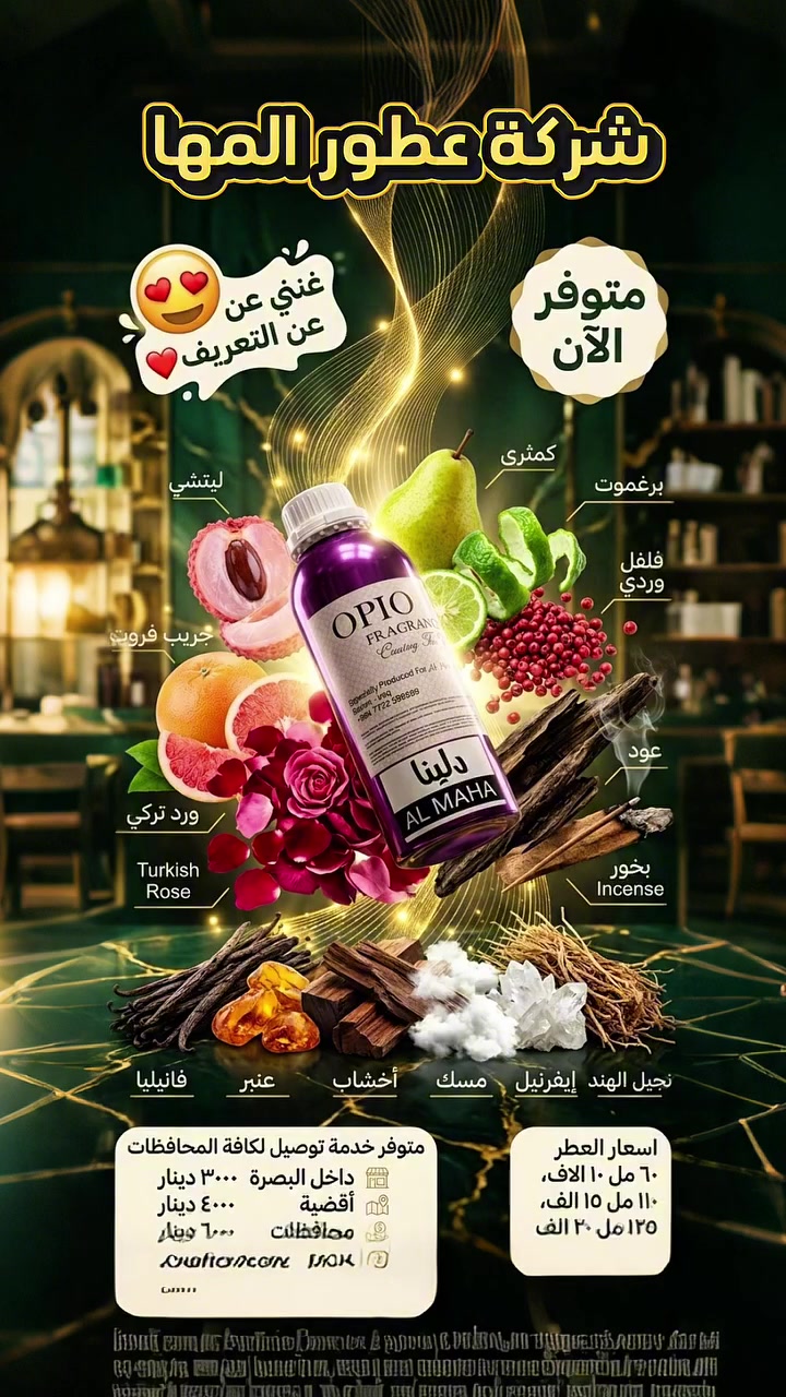 🌸 شركة عطور المها 🌸
    
 دلينا

☎️ ***********

🟣 افتتاحية العطر 
الليتشي     
الكمثري 
البرغموت
الفلفل الوردي 
الجريب فروت  
 🟣 قلب العطر 
الورد التركي  
العود 
البخور     
🟣 قاعدة العطر   
الفانيليا  
العنبر  
الاخشاب  
المسك  
ايفرنيل 
نجيل الهند 
         
   📦 الأحجام والأسعار:
60مل بـ  10
110مل بـ  15
125 مل  20

🚕 خدمة التوصيل متوفرة:
مركز البصرة: 3
الأقضية: 4
باقي المحافظات: 6

📍 العنوان: البصرة – العشار – شارع عبد الله بن علي
